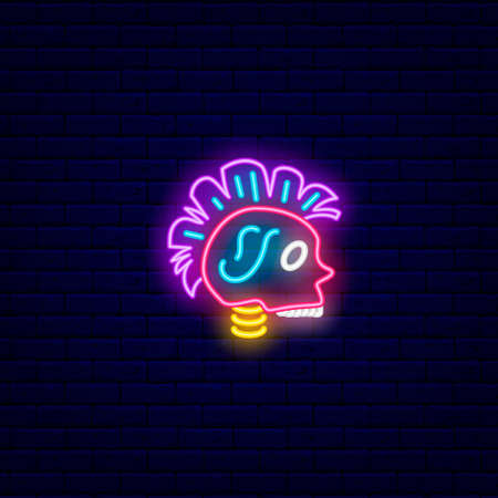 Cyberpunk head with mohawk neon icon. Futuristic skull. Future with robot technology. Night bright signboard. Outer glowing effect banner. Editable stroke. Isolated vector stock illustrationのイラスト素材