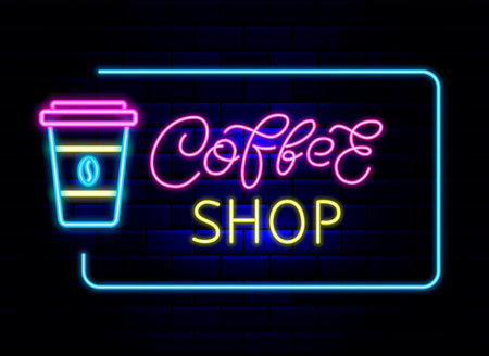 Coffee shop neon banner. Bright flyer. Coffee cup to go neon light icon. Outer glowing effect poster. Editable stroke. Vector stock illustrationのイラスト素材