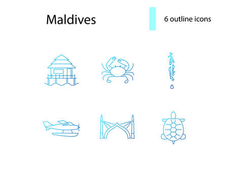 Maldives attributes outline icons set. Crab and turtle. Geography, sea plane. Capital Male arch. Blue gradient symbols collection. Isolated vector stock illustrationのイラスト素材