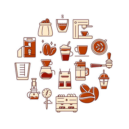 Barista and coffee accessories circle layout with flat icons. Cafe equipment. Espresso making. Coffee making appliance. Color filled symbols collection. Isolated vector stock illustrationのイラスト素材