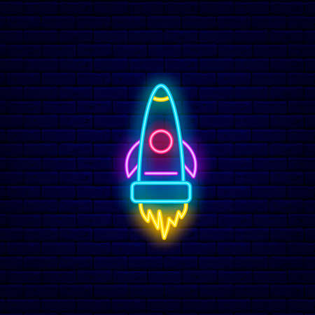 Cyberpunk rocket outline icon. Futuristic air craft. Night bright signboard. Outer glowing effect banner. Editable stroke. Isolated vector stock illustrationのイラスト素材