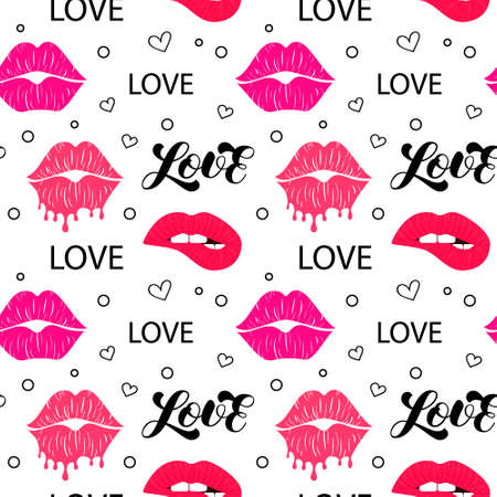 Kissing and biting lips with pink paint. Melting lipstick. Seamless pattern. Love lettering. Dripping paint. Isolated stock vector illustration. Trendy texture for shirtのイラスト素材