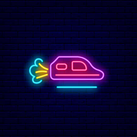 Cyberpunk flying auto neon icon. Futuristic transport. High tech technology. Night bright signboard. Outer glowing effect banner. Isolated vector stock illustrationのイラスト素材