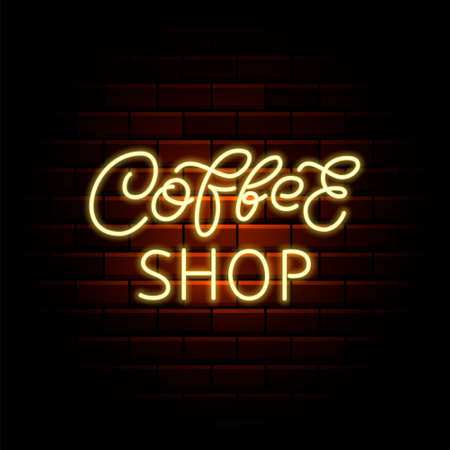 Coffee shop neon brush lettering. Bright promotion. Outer glowing effect poster. Editable stroke. Isolated vector stock illustrationのイラスト素材