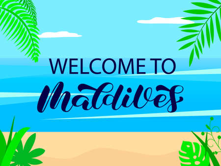 Maldives brush lettering on beach background. Greeting card with flat design Tropical islands. Trendy calligraphy poster and banner. Isolated vector stock illustrationのイラスト素材