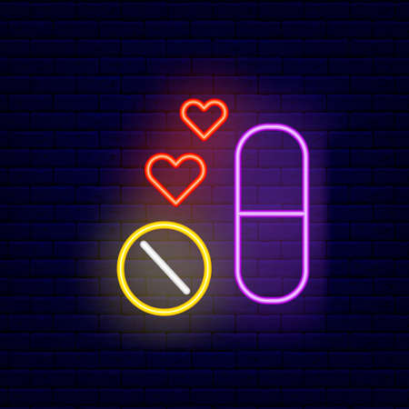 Pills for potency and pheromones neon icon. Sex shop pharmacology. Night bright signboard. Outer glowing effect banner. Editable stroke. Isolated vector stock illustrationのイラスト素材