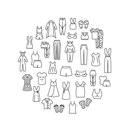 Comfortable homewear circle layout with line icons. Sleepwear. Comfy garment. Customizable linear contour symbols. Editable stroke. Isolated vector stock icons illustrationのイラスト素材