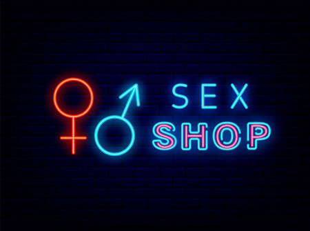 Sex shop neon logo with shiny man and woman symbols. Night bright sign. Outer glowing effect banner. Greeting card and poster. Editable stroke. Isolated vector stock illustrationの写真素材