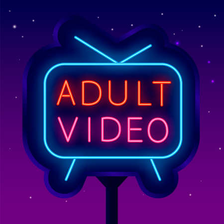 Adult video neon billboard. Night bright sign. Outer glowing effect banner. Editable stroke. Isolated vector stock illustrationのイラスト素材