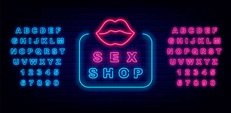 Sex Shop neon emblem with woman lips on brick wall background. Blue and pink alphabet. Shiny font. Intimate store. Night bright banner. Editable stroke. Isolated vector stock illustrationの写真素材