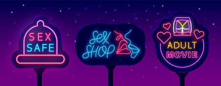 Sex shop neon street billboards set. Adult movie emblem. Sex safe sign. Night bright logo collection. Intimate items. Outer glowing effect banner. Editable stroke. Isolated vector illustrationの写真素材
