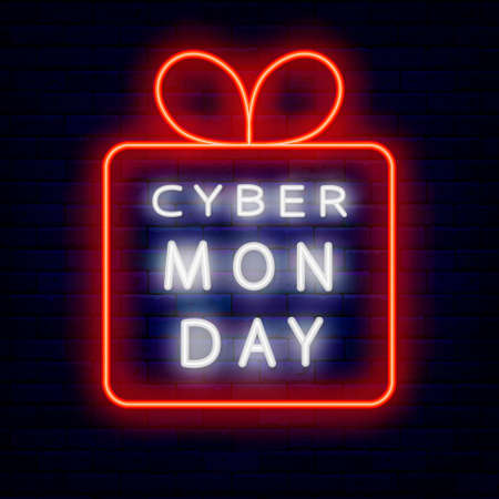 Cyber monday neon emblem with present frame. Outer glowing effect banner. Shiny label. Editable stroke. Isolated vector stock illustrationの写真素材