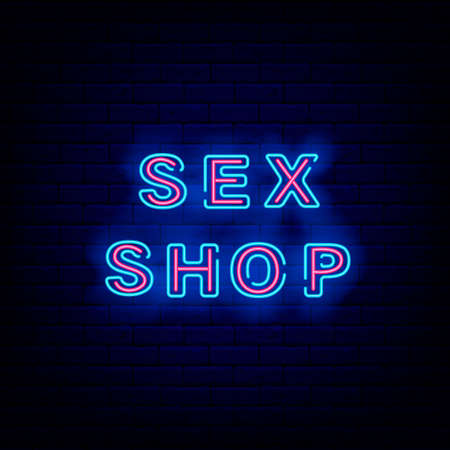 Sex shop neon signboard. Night bright banner. Intimate items. Outer glowing effect. Editable stroke. Isolated vector illustrationのイラスト素材