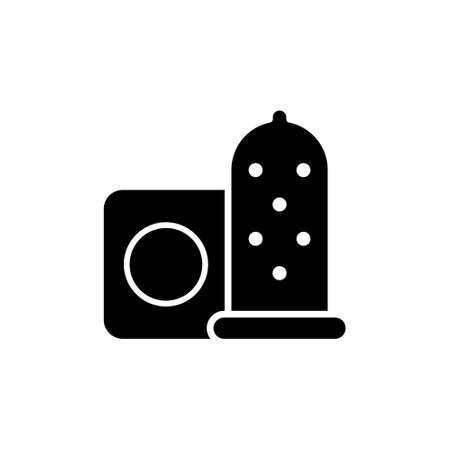 Condom and package glyph icon. Sex shop. Black filled symbol. Isolated vector stock illustrationのイラスト素材