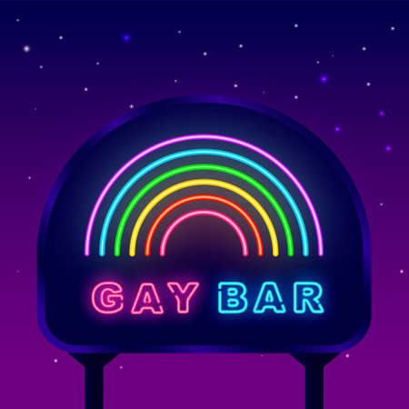Gay bar neon icon with rainbow street billboard. Homosexuality concept. Night bright banner. Outer glowing effect poster. Editable stroke. Isolated vector stock illustrationのイラスト素材
