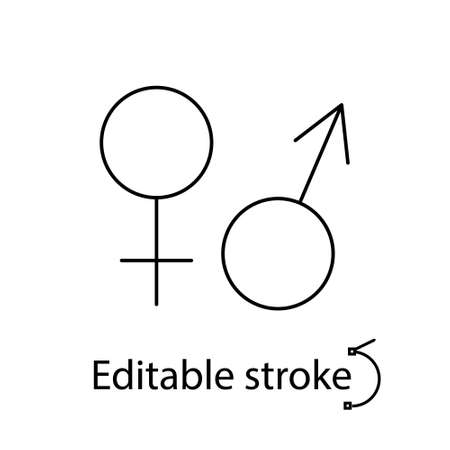 Symbols of venus and mars outline icon. Male and female items. Customizable linear contour symbol. Editable stroke. Isolated vector stock illustrationのイラスト素材