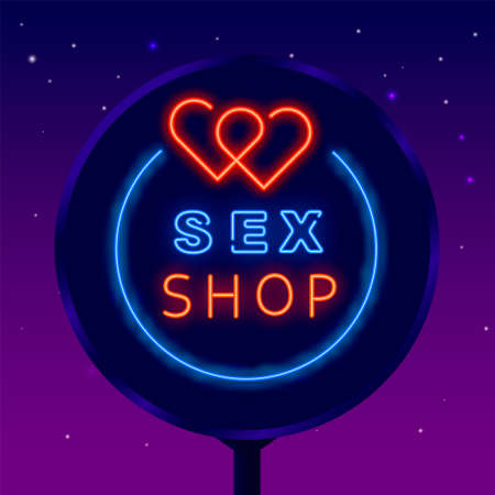 Sex shop neon logo street billboard. Sexual accessory. Intimate store. Two heaarts one line drawing. Night bright emblem. Outer glowing effect banner. Vector stock illustrationのイラスト素材