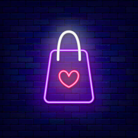 Shopping bag with heart shape neon icon. Happy Valentines Day sale. Outer glowing effect poster. Romantic holiday concept on brick wall. Luminous sign. Editable stroke. Isolated vector illustrationの写真素材