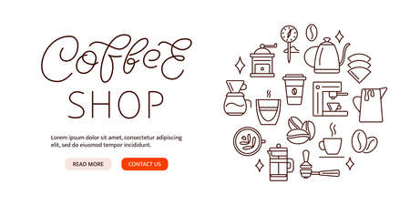 Coffee shop banner for website. Landing page template with line icons circle layout. Bright flyer. Espresso coffee machine. Barista professional device. Vector stock illustrationのイラスト素材
