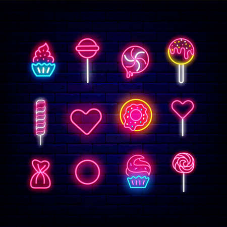 Sweets neon icon collection. Candy shop shiny. Cupcake. Cake pop and donut. Lollipop. Bakery emblem set. Luminous label. Night bright signboards on brick wall. Vector stock illustrationのイラスト素材