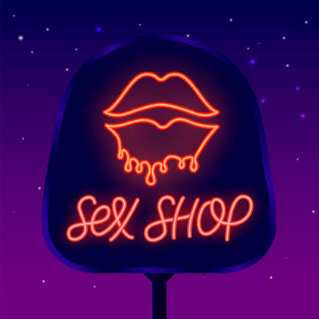 Sex shop neon lettering street billboard. Kissing lips with melting lipstick. Night bright promotion. Intimate items store. Outer glowing effect flyer. Vector stock illustrationのイラスト素材