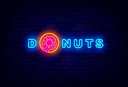 Donuts neon signboard. Shiny emblem for bakery. Sweet bar. Night bright logo. Outer glowing effect banner. Editable stroke. Isolated vector stock illustrationの写真素材