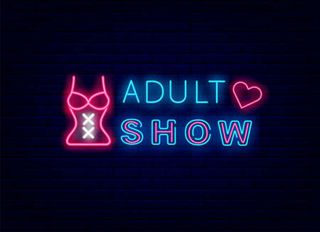 Adult show neon signboard on brick wall background. Sexy lingerie. Striptease emblem. Night bright banner. Outer glowing effect poster. Editable stroke. Isolated vector stock illustrationのイラスト素材