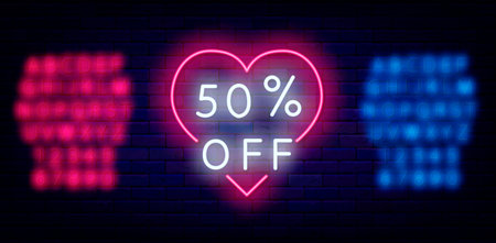 Sale neon emblem in heart. Happy Valentines Day concept with alphabet. Outer glowing effect banner....