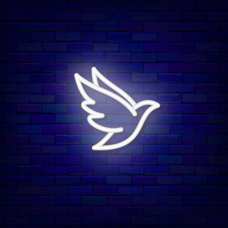 White pigeon neon icon. Happy Valentines Day. Freedom concept. Outer glowing effect banner. Luminous label. Editable stroke. Isolated vector stock illustrationの写真素材
