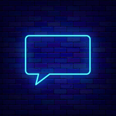 Rectangular speech bubble neon sign. Empty retro frame. Space for text. Outer glowing effect banner. Chatting box on brick wall. Luminous label. Editable stroke. Vector stock illustrationの写真素材