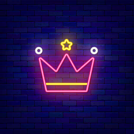 Crown neon icon. Royal king and queen item. Happy Birthday design. Outer glowing effect. Imperial jewelery design on brick wall. Luminous emblem. Editable stroke. Vector stock illustrationの写真素材