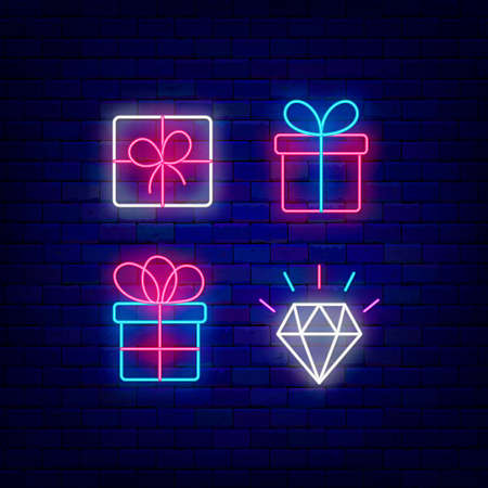 Gift boxes neon icon collection. Shiny diamond. Present and surprise concept. Outer glowing effect banner. Holiday celebration design on brick wall. Luminous sign pack. Vector stock illustrationのイラスト素材