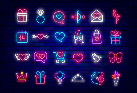 Happy Valentines day neon icon collection. Crown and balloons. Romantic music and flowers. holiday sale. wedding design. Night bright sign. Outer glowing effect bundle. Vector stock illustrationの写真素材