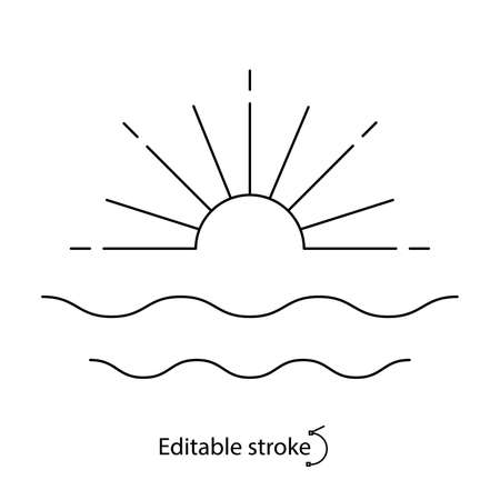 Sunset and sunrise in sea outline. ocean beach. Bohemian sign. Elegant minimal badge for branding. Editable stroke. Isolated vector stock illustrationのイラスト素材