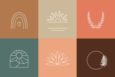 Boho outline collection. Minimal emblem set. Bohemian signs. mid-century style. Elegant badge for company branding. Customizable linear contour symbol. Editable stroke. Vector stock illustrationのイラスト素材