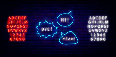 Speech bubbles neon sign collection. Hi, bye and yeah shiny text. Glowing blue and pink alphabet. Shiny effect banner. social media message. Chatting box on brick wall. vector illustrationの写真素材