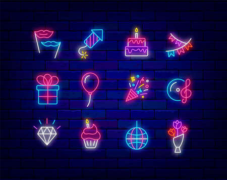 Festival and birthday neon signs collection. party event. light effect banner. Holiday celebration design on brick wall. Luminous icons pack. Editable stroke. Vector stock illustrationのイラスト素材