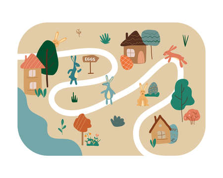 Egg hunt boho map. Happy Easter concept. Town with houses, trees and bunnies. Bohemian greeting card. Religion holiday decoration. Vector stock illustrationのイラスト素材