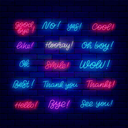 Neon motivational quote collection. Yes and no. Hell, bye and wow. thank you. Shiny phrases clipart. Light simple text set. Editable stroke. Vector stock illustrationのイラスト素材