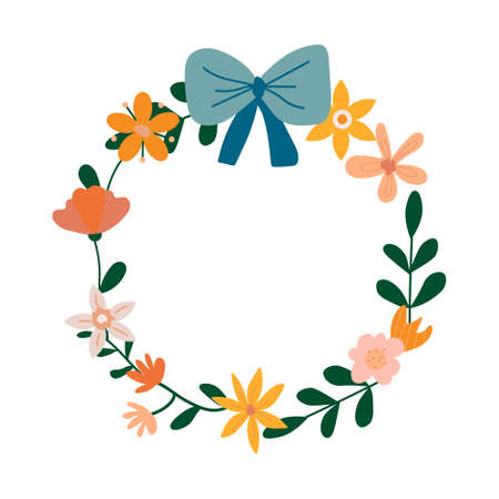 Floral wreath greeting card with wildflowers and bow knot. Empty frame for text. Bohemian style. springtime concept. Vector stock illustrationのイラスト素材