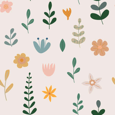 Spring flowers seamless pattern. Bohemian style with grass and blossom. Minimal hand drawn elements. Vector stock illustrationのイラスト素材