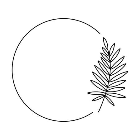 Floral linear  with palm branch. Space for text.  Bohemian sign. Elegant minimal badge for company branding. Editable stroke. Isolated vector stock illustrationのイラスト素材