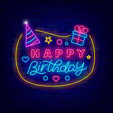 Happy Birthday neon signboard with lettering. Shiny greeting card party hat and present. light effect banner. Celebration design on brick wall. Luminous inscription. Vector stock illustrationのイラスト素材