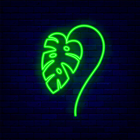 Monstera neon icon. Rainforest shiny design. summer concept. Exotic signs. Shiny signboard. Glowing effect banner. Editable stroke. Vector stock illustrationの写真素材