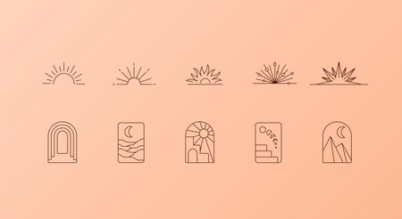 Bohemian sun and landscape outline  collection. Sunset and sunrise items. Arch, rectangle shapes. Boho emblem set. Elegant badge for company branding. Editable stroke. Vector stock illustrationのイラスト素材