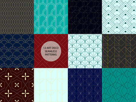 Art deco seamless pattern collection. Black abstract waves. Geometric line shape. Mermaid scale and fan. wallpaper design set. Editable stroke. Vector stock illustrationのイラスト素材