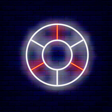 White lifebuoy neon icon. water safety concept. summer fun. Night bright signboard. Outer glowing effect banner. Editable stroke. Vector stock illustrationの写真素材