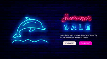 Summer sale neon landing page template. Dolphin sign. Season discount concept. marketing promotion. Night bright signboard. Glowing effect banner. Editable stroke. Vector stock illustrationのイラスト素材