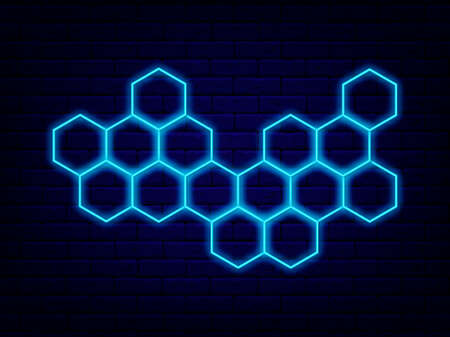 Honeycomb neon decoration. Blue polygon shape. abstract signboard. Shiny flyer on brick wall. Simple glowing effect background. Editable stroke. Vector stock illustrationのイラスト素材