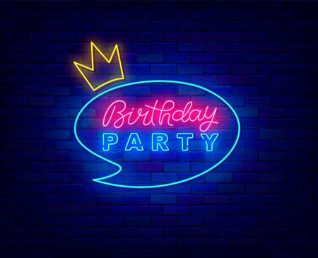 Birthday party neon invitation. Shiny greeting card with calligraphy text. light effect signboard. Holiday design on brick wall. Luminous inscription. Editable stroke. Vector stock illustrationの写真素材